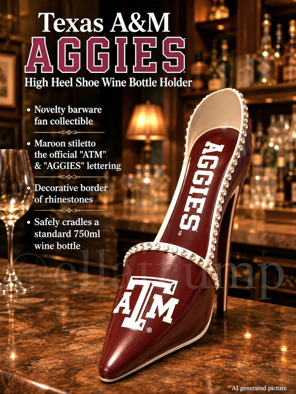 Texas A&M Aggies High Heel Novelty Shoe Wine Bottle Holder Collectible 13" L